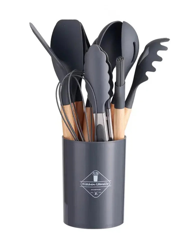 Set of 12 Silicone Kitchen Utensils Spatulas with Wooden Handle