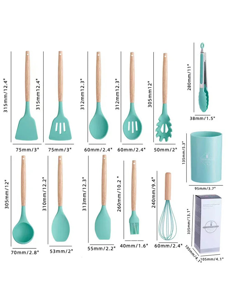 Set of 12 Silicone Kitchen Utensils Spatulas with Wooden Handle