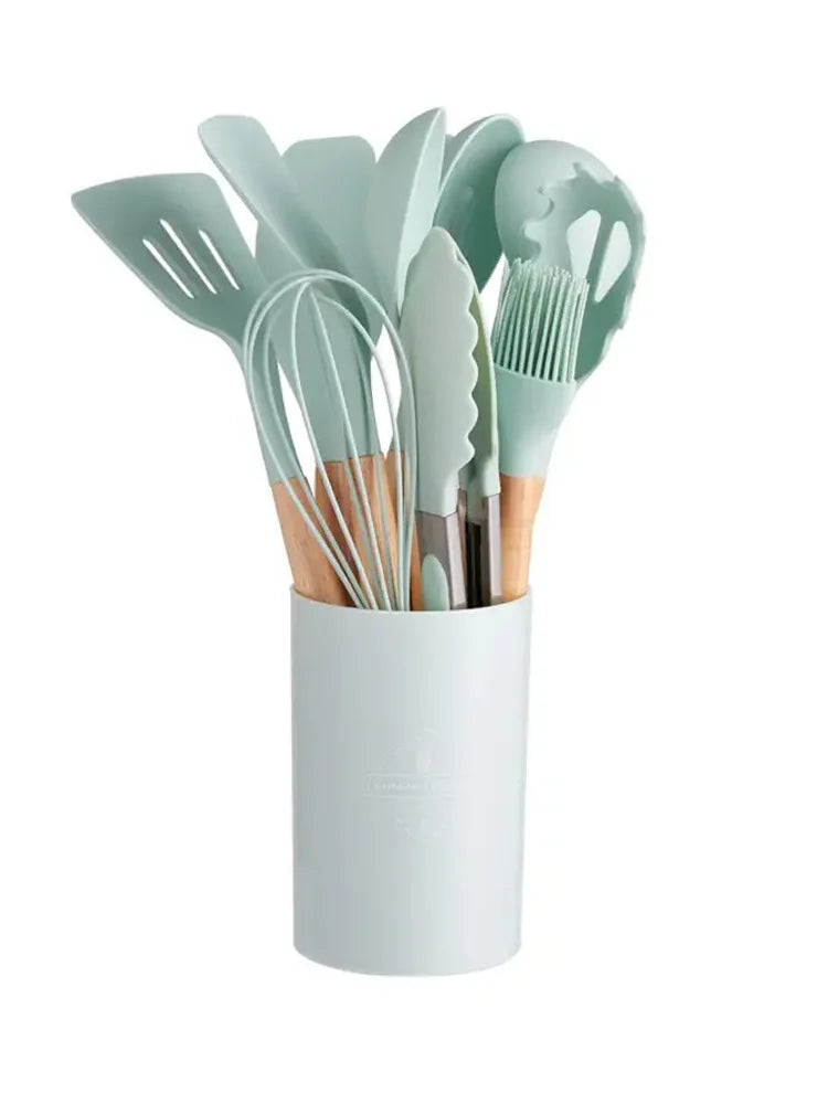 Set of 12 Silicone Kitchen Utensils Spatulas with Wooden Handle