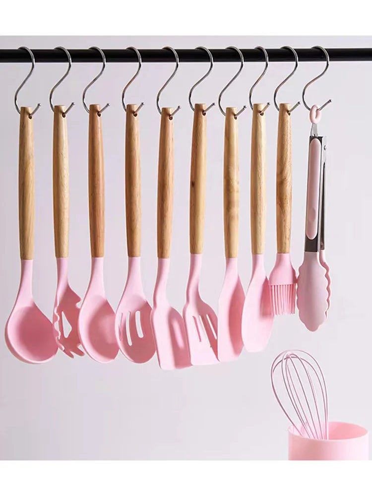 Set of 12 Silicone Kitchen Utensils Spatulas with Wooden Handle