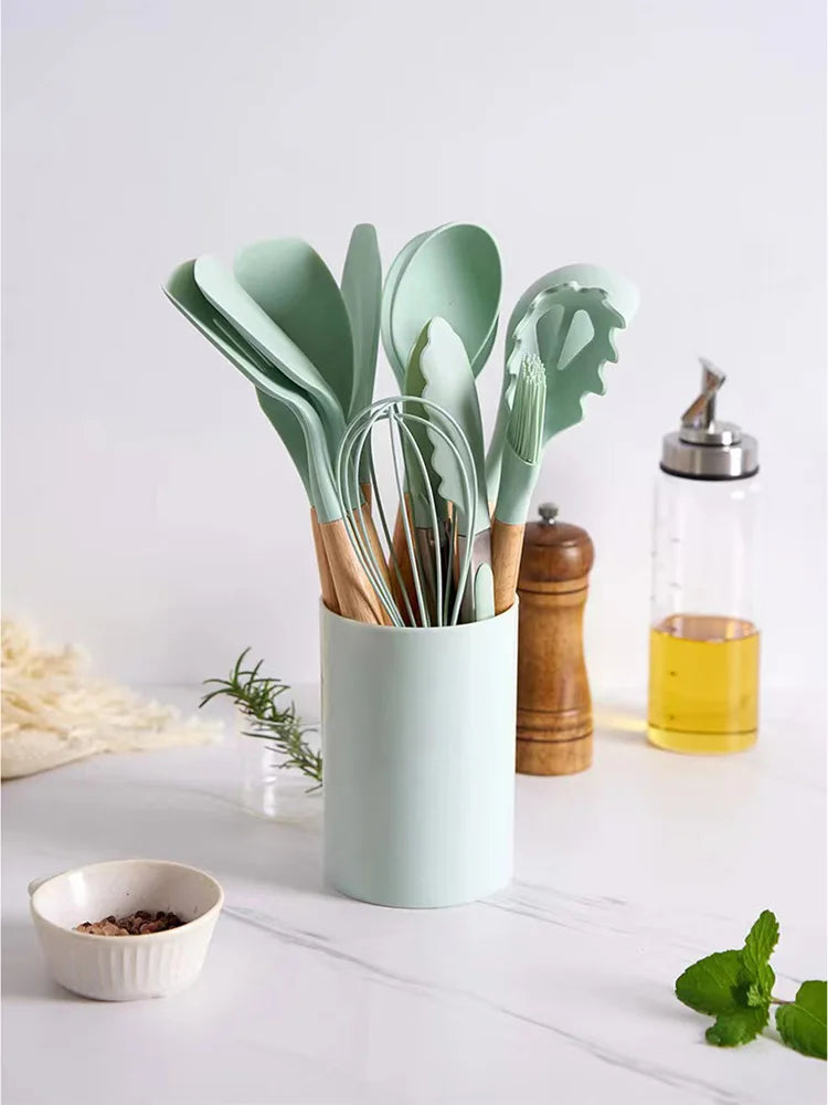 Set of 12 Silicone Kitchen Utensils Spatulas with Wooden Handle
