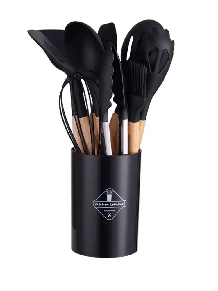 Set of 12 Silicone Kitchen Utensils Spatulas with Wooden Handle