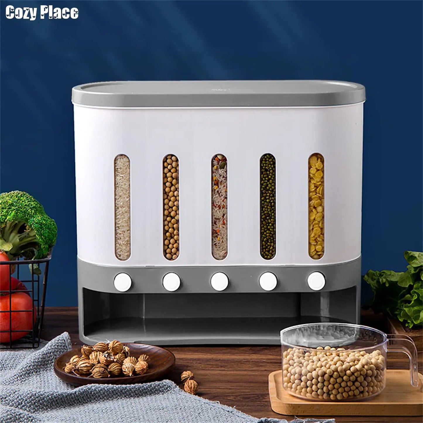 Wall Mounted Cereal Dispenser 5-Grid Dry Food Dispenser 10L Rice Grain Dry Food Container Storage For Kitchen Home