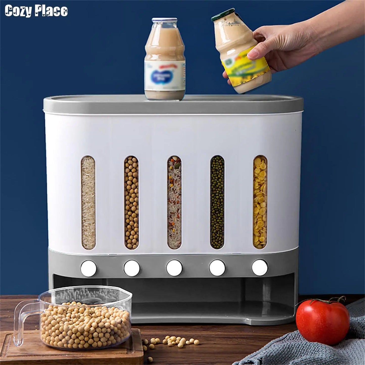 Wall Mounted Cereal Dispenser 5-Grid Dry Food Dispenser 10L Rice Grain Dry Food Container Storage For Kitchen Home