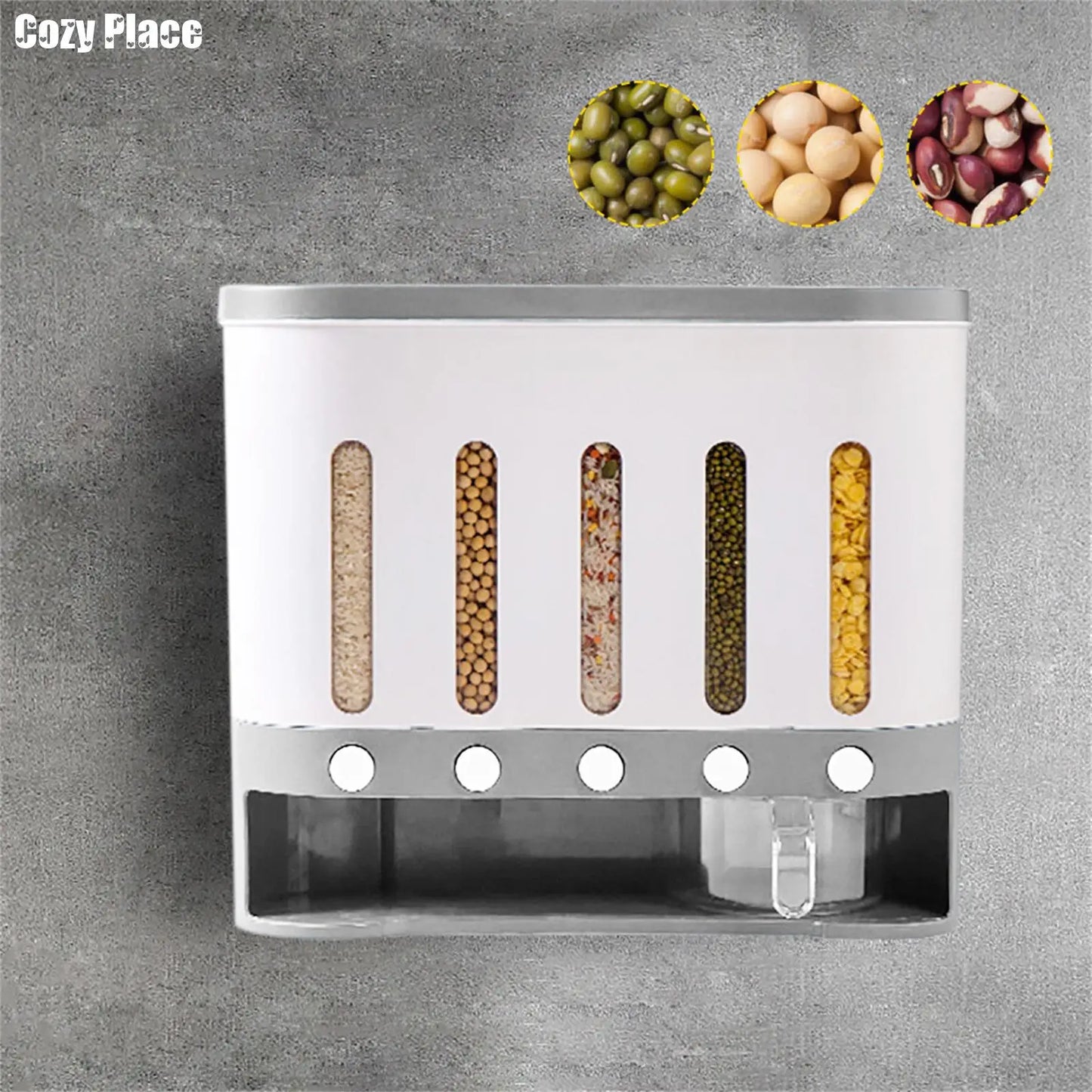 Wall Mounted Cereal Dispenser 5-Grid Dry Food Dispenser 10L Rice Grain Dry Food Container Storage For Kitchen Home