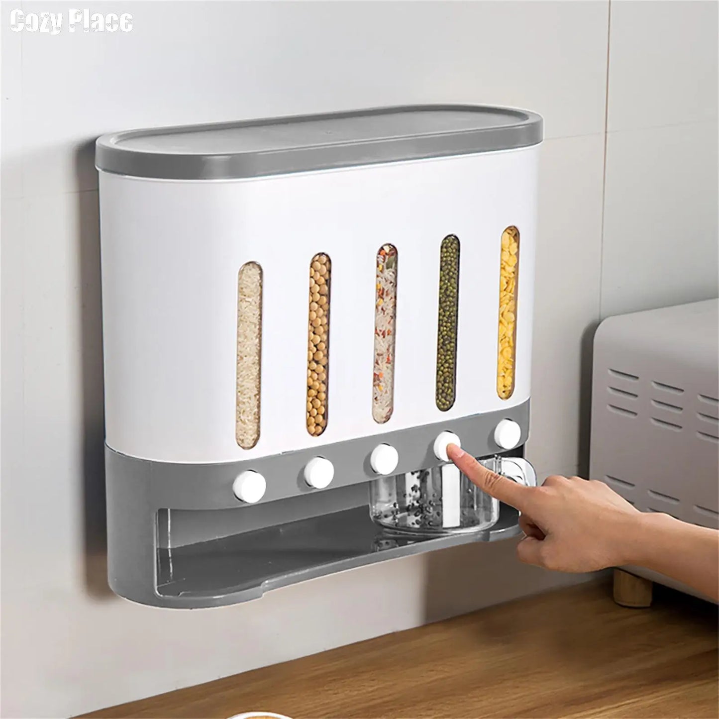 Wall Mounted Cereal Dispenser 5-Grid Dry Food Dispenser 10L Rice Grain Dry Food Container Storage For Kitchen Home