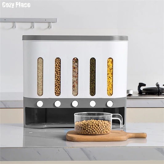 Wall Mounted Cereal Dispenser 5-Grid Dry Food Dispenser 10L Rice Grain Dry Food Container Storage For Kitchen Home